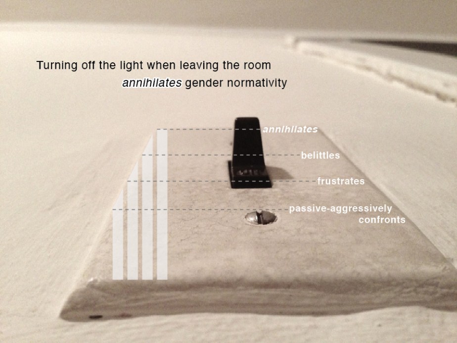 Bar chart superimposed over photo of light switch, angled from below, titled: Turning off the light when leaving the room annihilates gender normativity. Bars from left to right, lowest: passive-aggressively confronts; second lowest: frustrates; third lowest: belittles; highest: annihilates.